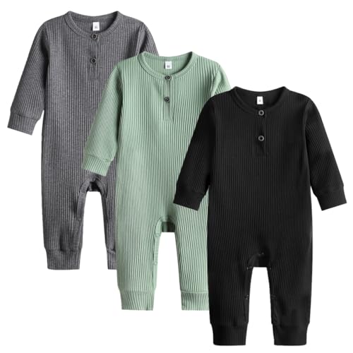 Image of Bafeicao Baby Boy Girl 2/3 Pack Solid Romper Ribbed Short/Long Sleeve Bodysuit Jumpsuit Infant Knitted Outfits Clothes