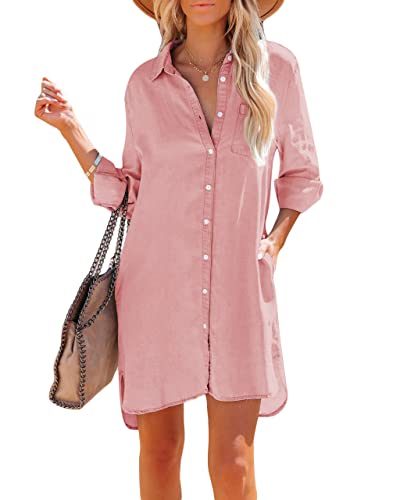 Image of Paintcolors Women's Long Sleeve Silk Denim Button Up Dresses Shirt Tunics Cover-ups Oversized Blouse Tops with Pockets