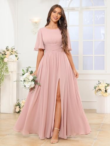 Women's Bridesmaid Dresses with Slit Flutter Sleeve Scoop Neck Chiffon Formal Wedding Guest Dress with Pockets4