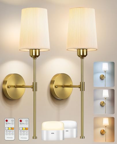 Image of Battery Operated Wall Sconces Set of 2, Rechargeable Wall Sconce 13000mAh Gold Wireless Wall Sconces with Remote Battery Powered Sconces Decor Set of 2 Wall Lights for Living Room Bedroom