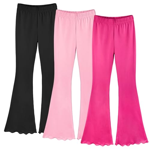 ZukoCert 3 Pack Girls Flare Leggings Mid Waist Bell Bottom Yoga Pants Stretchy Flared Trousers for Kids Toddler & Teen Kids Flare Pants Size 12-13Y Black/Rose/Pink