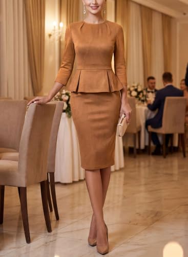 Image of VFSHOW Womens Pleated Crew Neck Peplum Slim Work Business Bodycon Dress | 3 /4 Sleeves, Professional Elegant Church, Funeral, Spring Fall, Fitted Office Pencil Sheath Dress