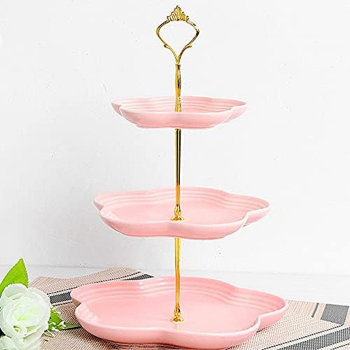 3 Tier Serving Tray, KOKITEA 3-Tier Ceramic Cake Stand, Beautiful Cupcake Stand Wedding - Dessert Stand-Tea Party Serving Platter (Pink Gold)