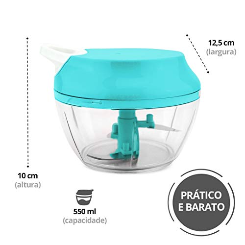 Mini Triturador Processador de alimentos manual alho cebola 3 Lâminas inox 550ml Cor:Azul (FL)