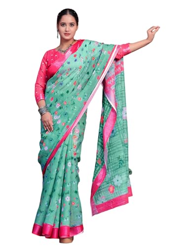Image of SIRIL Women's Cotton Linen Printed Zari Border Saree with Unstitched Blouse Piece