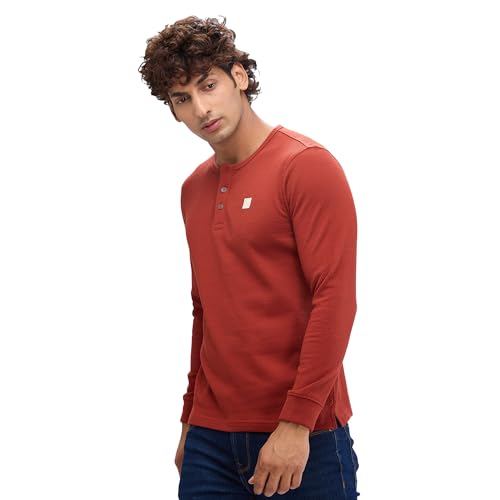 Image of Spykar Men's Slim Fit Henley Neck Full Sleeve Solid Casual T-Shirt