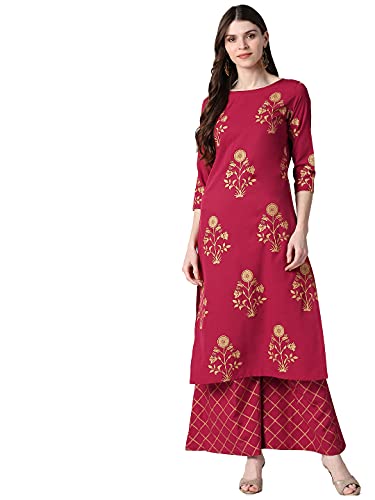 Image of Vaamsi Women's Polycrepe Gold Printed Kurta & Palazzo Set (PKSET1013 Red)