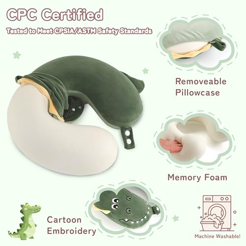 Image of Kids Travel Neck Pillow for Ages 3-8 with Memory Foam, Crocodile | Removable cover, 13 in neck size, hidden zipper, machine washable, head and chin support, car seat and airplane use