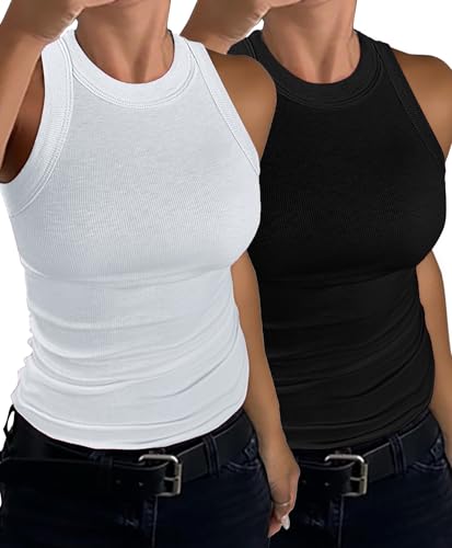 C.O.Z.Y Womens Tank Tops 2 Pack Ribbed Racerback Top Summer High Neck Sleeveless Shirts Slim Fit