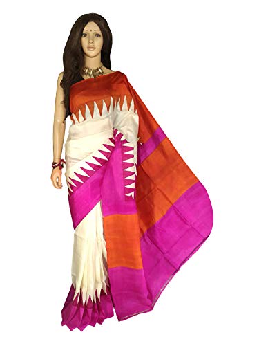 White IFancy Indian Bengal Style Women Pure Silk Sari Blouse Block Print all Over Sari Festive Party Traditional Wear 985