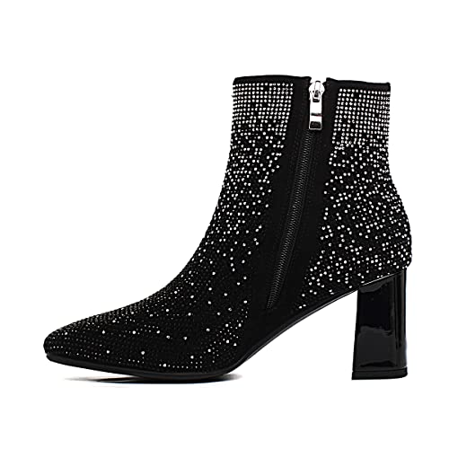 Coollulu Women's Rhinestone Boots Pointed Toe Block Heel Sparkly Zip Up Ankle Boots Black Us 8 #TOP5
