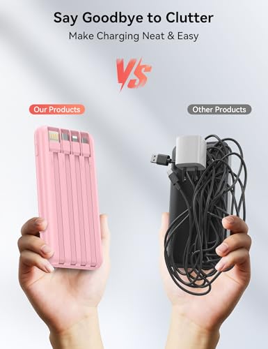 Portable Charger, 10000mAh 22.5W Fast Charging Power Bank with 4 Built-in Cables, Travel Essentials Battery Pack with LED Display, 6 Outputs Charging Bank Compatible with iPhone, iPad, Samsung Pink - Image 6