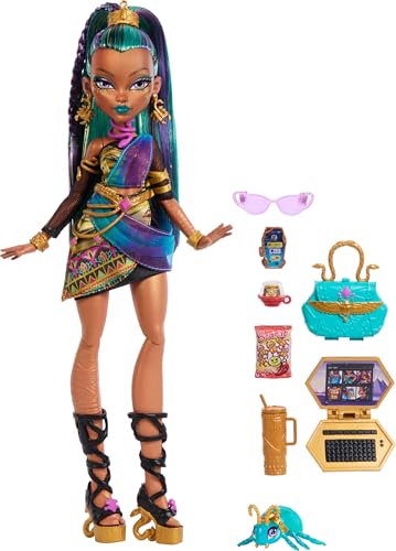 Image of Monster High Nefera De Nile Doll, Royal Mummy in Dress with Pet Scarab Lavish and 7 Accessories Like Purse, Laptop, Sunglasses, Drink and Snacks