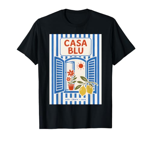 Retro Casa Blu Italian Blue Shutters Mediterranean Beach Sea T-Shirt