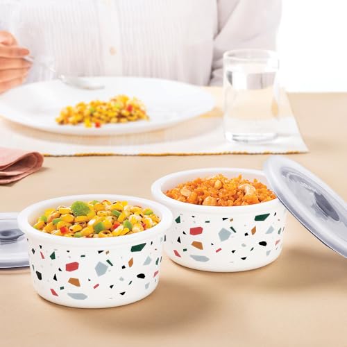 Image of Larah by BOROSIL Confetti 2 Pcs Storage Bowl, 400 ml Each, Opal Glass Storage Container with Air Tight Lid | Microwave & Dishwasher Safe