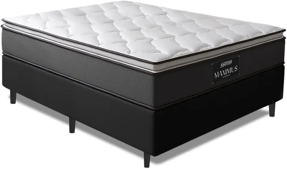 Cama Box Casal Colchão Molas Ensacadas Pillow Top Maximus 138x188x62cm Cinza/Preto Gazin - Suporta até 120Kg por Pessoa