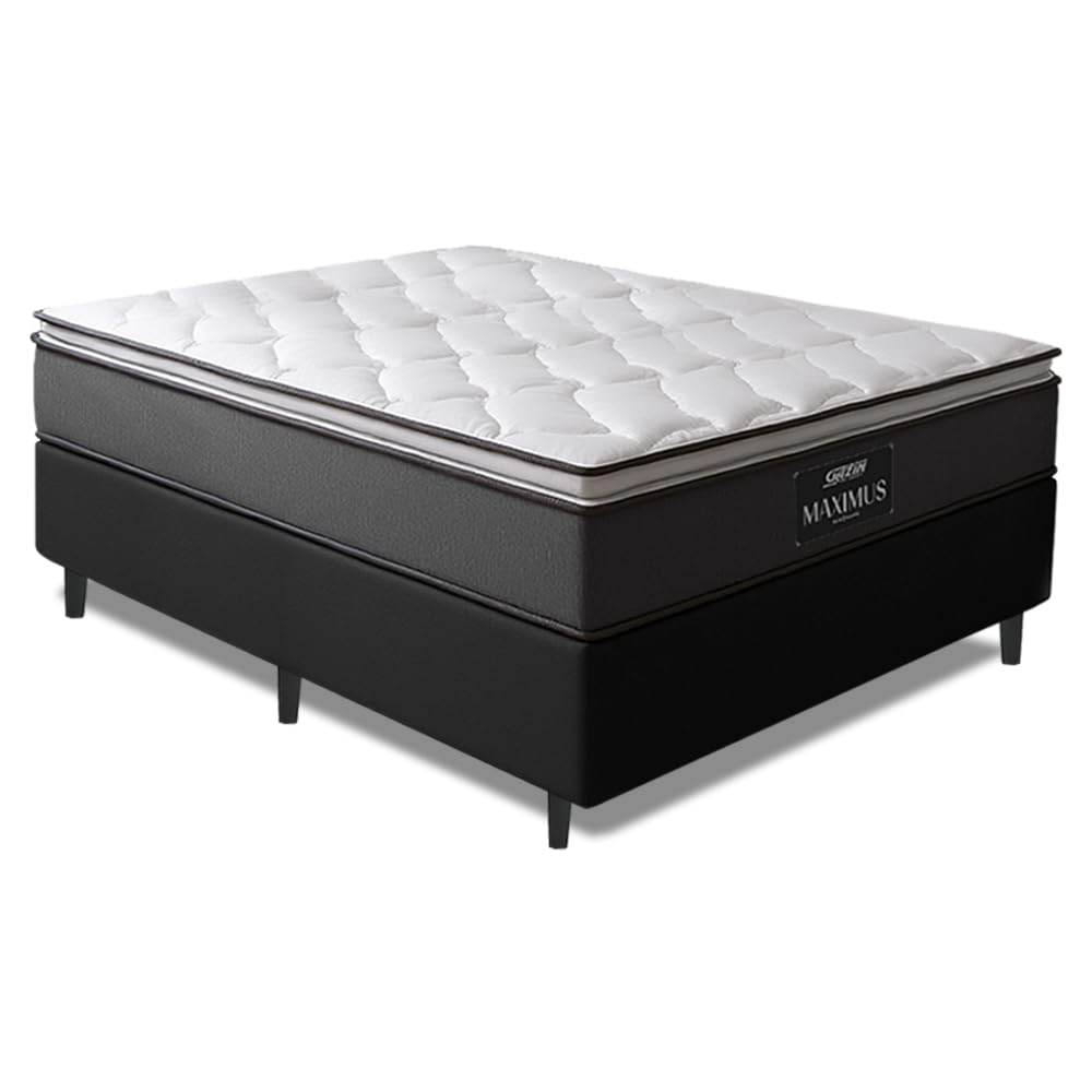 Cama Box Casal Colchão Molas Ensacadas Pillow Top Maximus 138x188x62cm Cinza/Preto Gazin