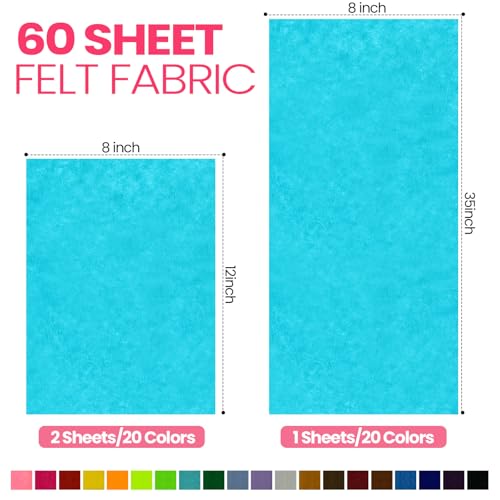 Image of Moukeren 60 Pcs 12 X 8 Inch, 8 X 35 Inch Felt Sheets, 20 Colors | Stiff Fabric Squares Ideal Craft Sewing, DIY Patchwork Projects, Nonwoven Material, Bulk Supply Holiday and Festival Decor