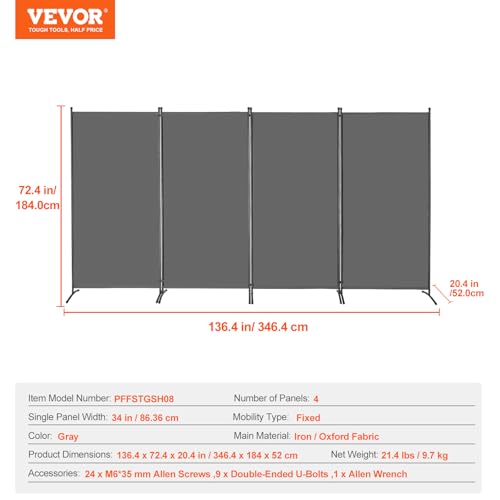 VEVOR Room Divider, 4 Panel Room Divider, 136" W Folding Privacy Screen and Portable Partition Divider for Room Separation, Freestanding Room Partitions for Office, Bedroom, Study, Grey by VEVOR - Used condition - Image 7