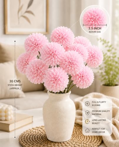 Image of Divyakosh Artificial Hydrangea Flower Sticks for Vase (Vase Not Included), Pack of 6, 3.5 Inch (8.9 cm) Large Bloom, Pink Artificial Flowers for Home Decor, Decorative Artificial Dahlia Flowers