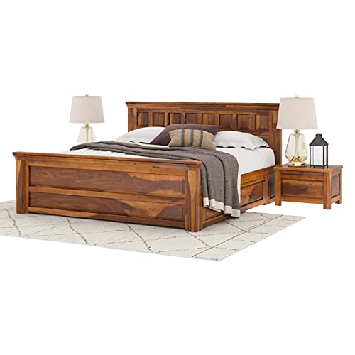 Image of Torque Allen Solid Wood Queen Size Bed with Storage Drawer - Brown | Wooden Palang Diwan Cot for Living Room Furniture | Double Bed for Sleeping