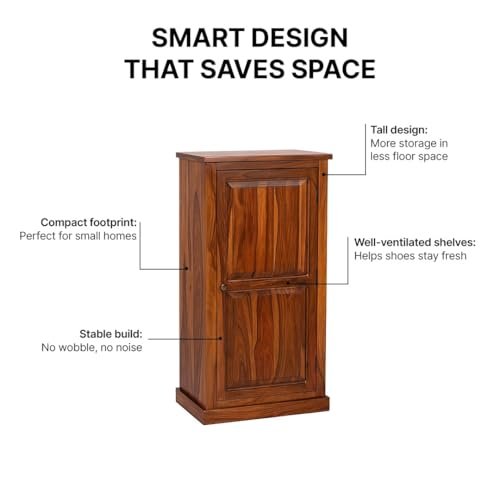 Image of Solid Sheesham Wood Shoe Cabinet with Door, 6 Shelves, Natural Finish | Multi-Purpose Storage Cabinet, Holds 12-15 Pairs of Shoes, No Assembly Required