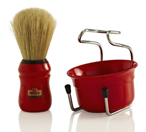 Omega 49.18 brocha de afeitar 10049 evita irritacion con soporte y bol rojo de baño 3
