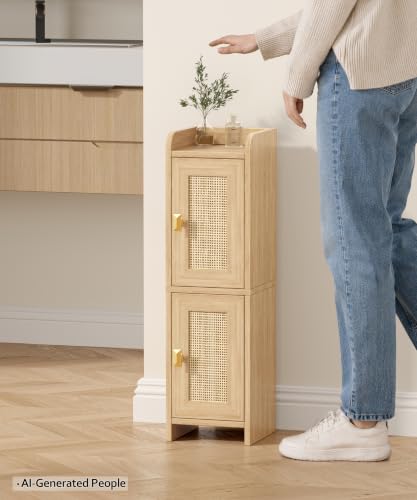 Akxomel Rattan Small Bathroom Cabinet Narrow Toilet Paper Organizer Oak | 7.9''D x 7.9''W Bathroom Organizer and Storage