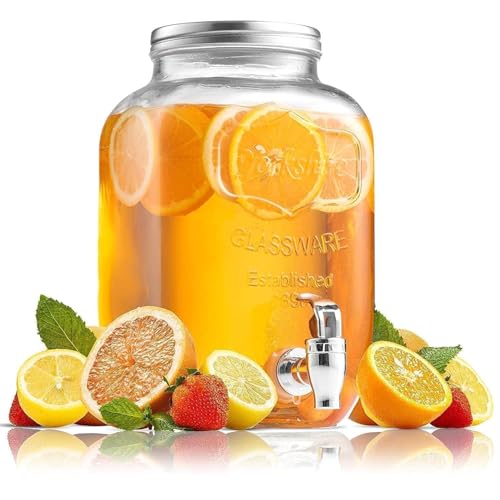 Image of 5 Liter Glass Dispenser with tap-Cold Water Mason Jar | Beer Dispenser | Drink Dispenser | Mason Jar | Pitcher with tap | Spigot and Steel lid | Water Pitcher for Detox (5000 ML)