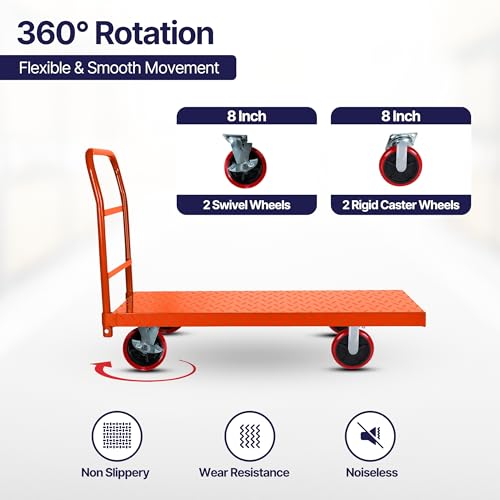 5Seconds Platform Cart Industrial Dolly Cart 3300LB Heavy Duty 60” x 30” Platform Hand Truck Push Cart Super Heavy Duty Diamond Plate Commercial Flatbed Cart 8'' Moving Swivel Wheels (Orange) by 5Seconds - Image 4