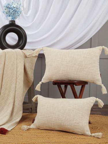 Image of HOMADORN Luxury Cotton Handmade Decorative Boho Throw Pillow Covers with Tassels for Sofa Couch Living Room Indoor Outdoor Chair Car Farmhouse (12X20 INCHES (Rectangle), Off White (Pack of 2))