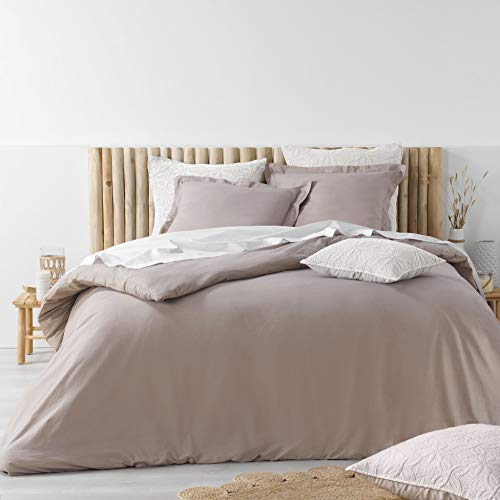 Douceur d'Intérieur, Parure 3 Pieces 260 X 240 cm Coton Lave Uni Stonalia Taupe, 100% Coton
