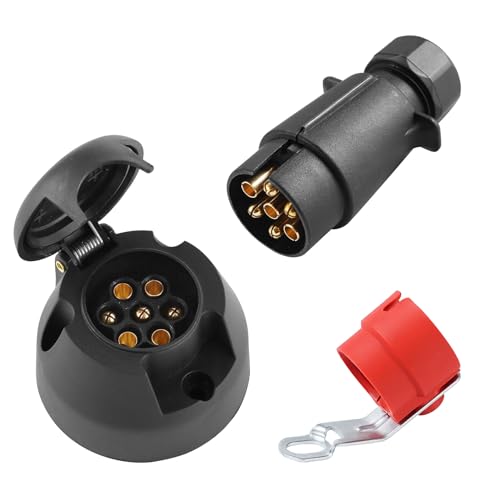 SPARKMOTO Anhänger Stecker 7 Polig und Anhänger Steckdose 7 Polig Set, 12V Wasserdicht 7-pol Anhänger Stecker Steckdose mit Rot Anhängersteckerhalter für Anhänger Wohnwagen LKW KFZ PKW(Nuss Kappe)