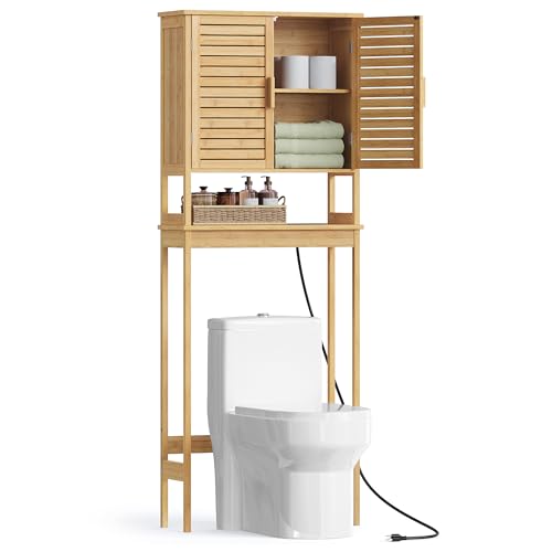 SONGMICS Over The Toilet Storage Cabinet with Charging Station, Bathroom Cabinet with Adjustable Inside Shelf and Bottom Stabilizer Bar, Space-Saving Toilet Rack, Natural Beige UBTS015N01 Wi