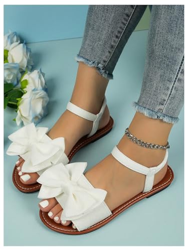 Image of GORGLITTER Women's Bow Flat Sandals 2026 Dressy Cute Ankle Strap Slides | Summer Shoes for Women 2026, Slip On Open Toe Flats, Slingback Slides, Vacation Dress Sandals