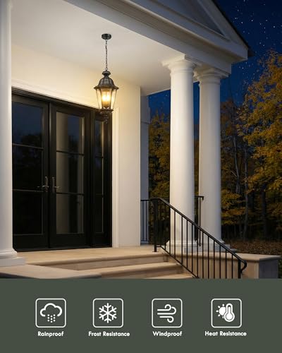 Image of Motion Sensor Outdoor Hanging Light, HWH 360 Detection Outdoor Pendant Light for Porch, Exterior Hanging Lantern with Seeded Glass, Matte Black Finish, 5HW90H-L-SE BK