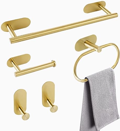 YUET Juego de Accesorios de Baño, Toalleros de Baño sin Taladro 5 Piezas Acero Inoxidable, Barra de Toalla de 16 Pulgadas,Anillo de Toallas,Soporte Portarrollos de Papel Higiénico, Ganchos,Dorado