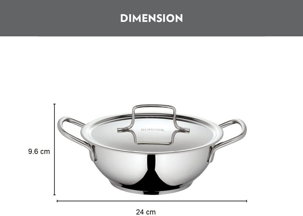 Borosil - Stainless Steel Deep Kadhai with Lid, Impact Bonded Tri-Ply Bottom, 2.8 L
