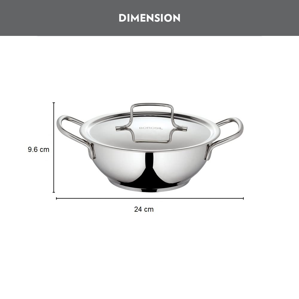Borosil Stainless Steel Deep Kadhai with Lid, Impact Bonded Tri-Ply Bottom, 2.8 L, Silver - Image 3 thumbnail