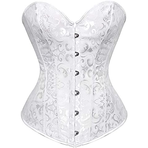 KSHUN Women's Sexy Satin Floral Boned Overbust Corset Top Lace up Back Underbust Body Shaper, White, S Cover