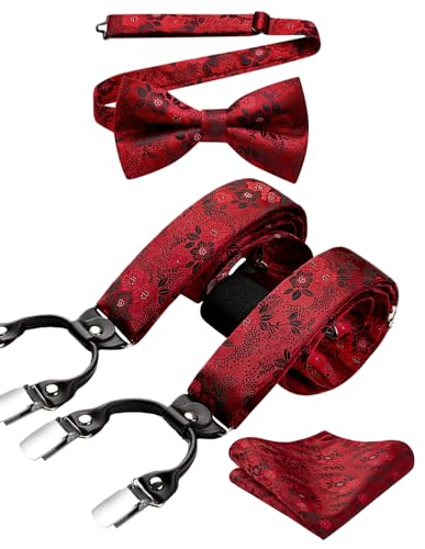 Image of HISDERN Suspenders for Men Paisley Floral Bow tie Suspender Pocket Square Sets Adjustable Y Shape 6 Clips Wedding Braces