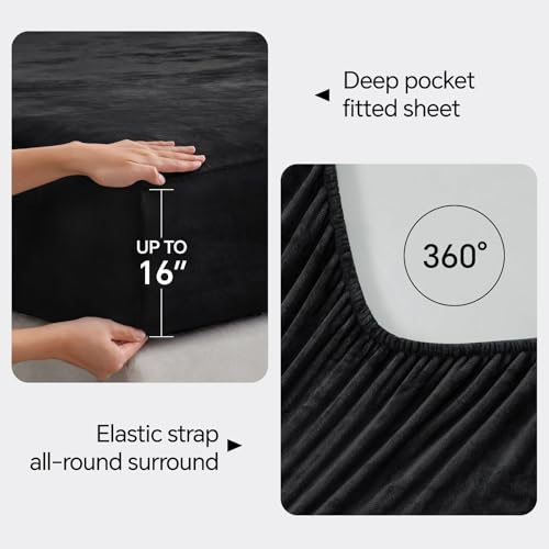 Image of BEDELITE Flannel Sheets King Size Black - Super Soft Fleece Sheets Set Fluffy Extra Plush, 4 Piece(Include Fitted Sheet, Flat Sheet, 2 Pillowcases)
