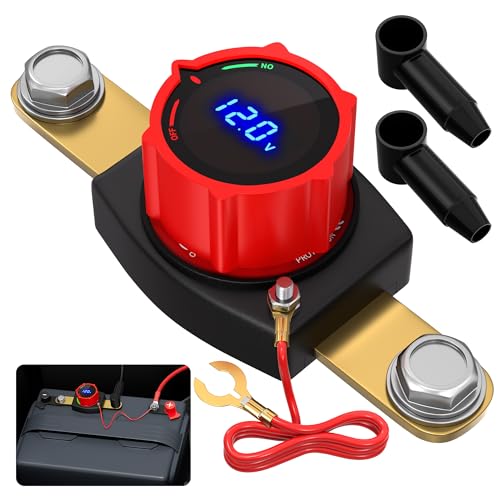 Joinfworld Side Post Battery Disconnect Switch 12V-48V with Led Voltmeter Display DC 5-60V Battery Kill Switch Waterproof Marine Battery Cut Off Switch 12 Volt for Car RV Boat ATV UTV Vehicles