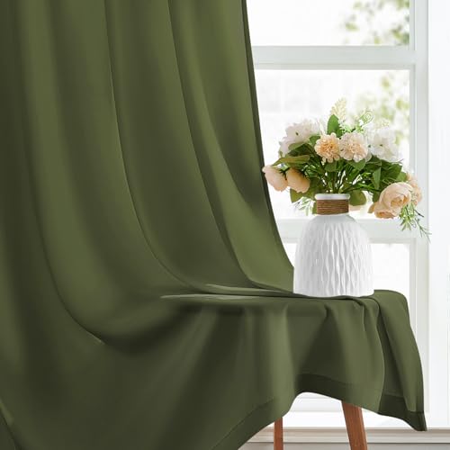 HOMEIDEAS Non-See-Through Olive Green Privacy Sheer Curtains, 52 X 96 Inches Long 2 Panels Sheer Curtains Light Filtering Window Drapes for Bedroom Living Room by HOMEIDEAS - Used condition - Image 6