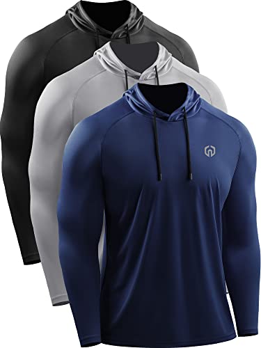 Neleus Men's Long Sleeve Running Shirts Upf 50+ Sun Protection Spf T-Shirts With Hoods,5096,Black/Grey/Navy Blue,3 Pack,M #TOP25