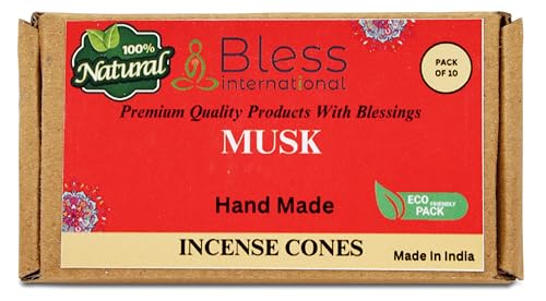 Bless International Musk 100%-Natural-Incense-Cones Handmade-Hand-Dipped Organic-Chemicals-Free for-Purification-Relaxation-Positivity-Yoga-Meditation The-Best-scents (10 Count)