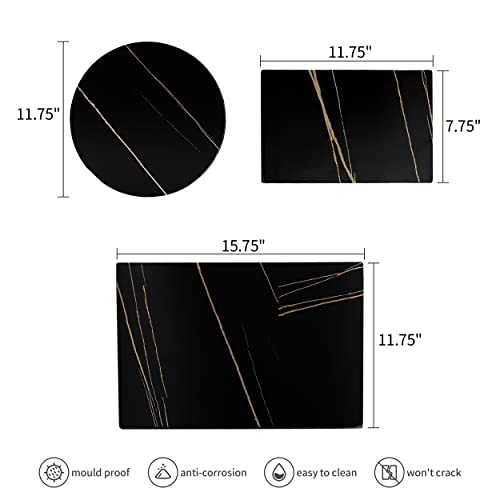 Murrey Home Tempered Glass Cutting Board Glaze Print Set Of 4, Non Slip Glass Trays For Kitchen Countertop, Black Marble, Scratch, Heat Resistant Glass Plate, Rectangle & Round #TOP1