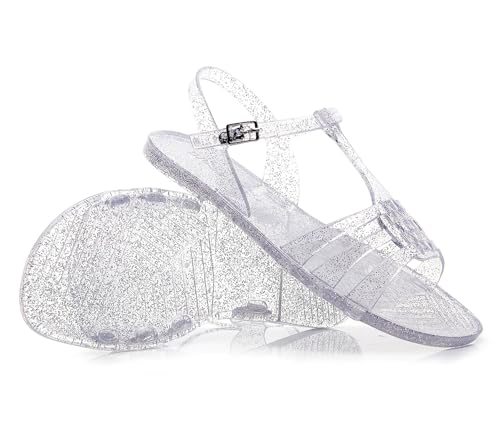 Women Sandals Jelly Shoes Flats Size 9 Beige T-Strap Crystal Jellies Slides Clear Rain Slippers Glitter Summer Beach Retro3