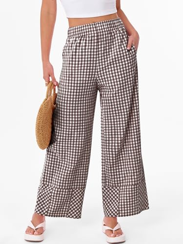 ANRABESS Womens Gingham Striped Boxer Pants Pajama Lounge PJ Bottoms Plaid Wide Leg Casual Cute Fall Trousers with Pockets2