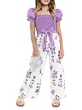 Kislio Girls Jumpsuit Kids Fashion Puff Sleeve Belted Wide Leg Romper One Piece Outfits Floral Smocked Girls Clothes
